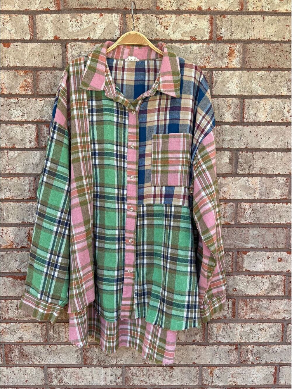 BIBI Oversized Mixed Plaid Patchwork Button Down Shirt Flannel Raw Hem